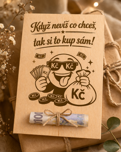 Drevená karta na peniaze Kúp si sám