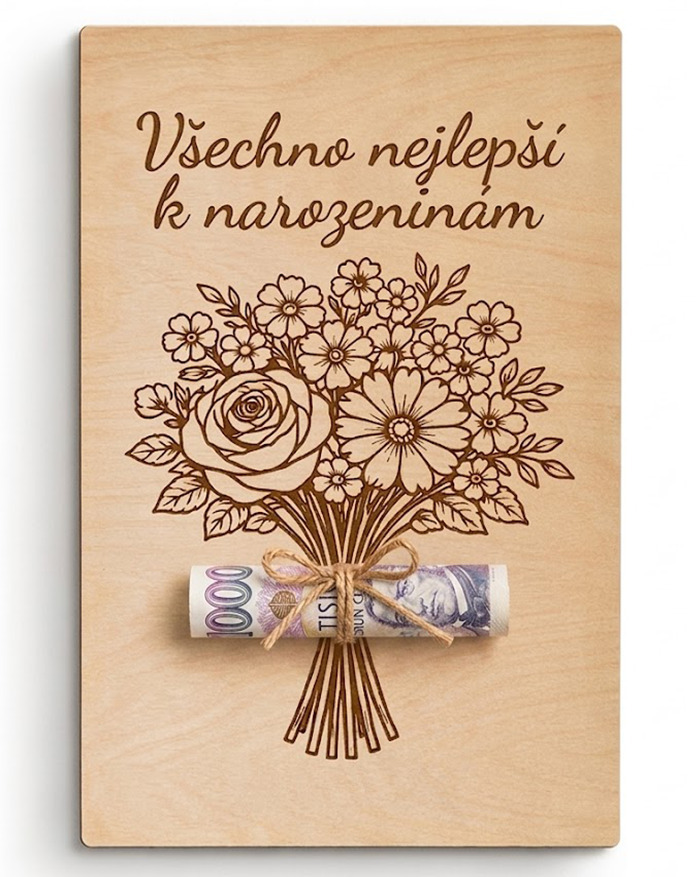 Drevená karta na peniaze k narodeninám