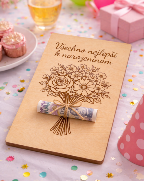 Drevená karta na peniaze k narodeninám