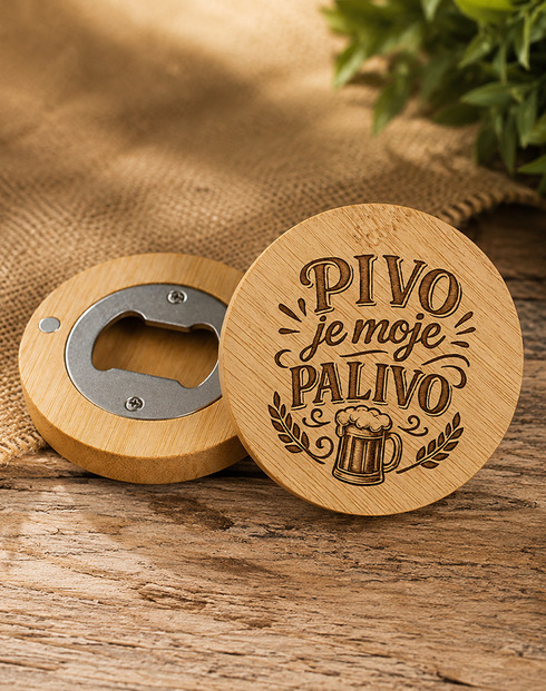 Drevený okrúhly otvárač Pivo je moje palivo