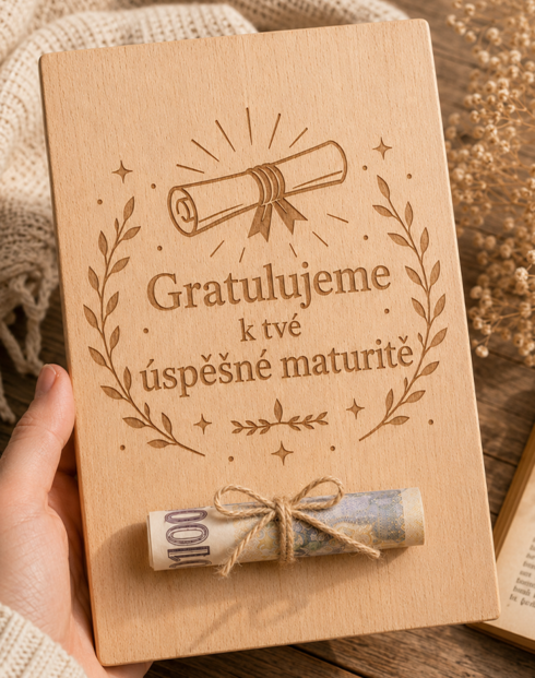 Drevená karta na peniaze Gratulujeme k tvojej úspešnej maturite