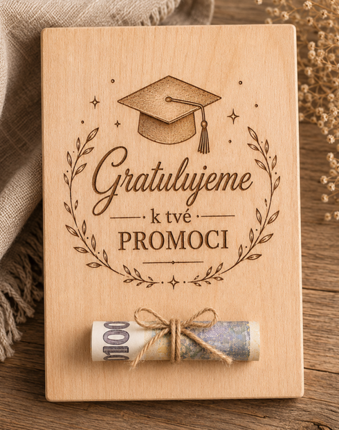 Drevená karta na peniaze Gratulujeme k tvojej promócii